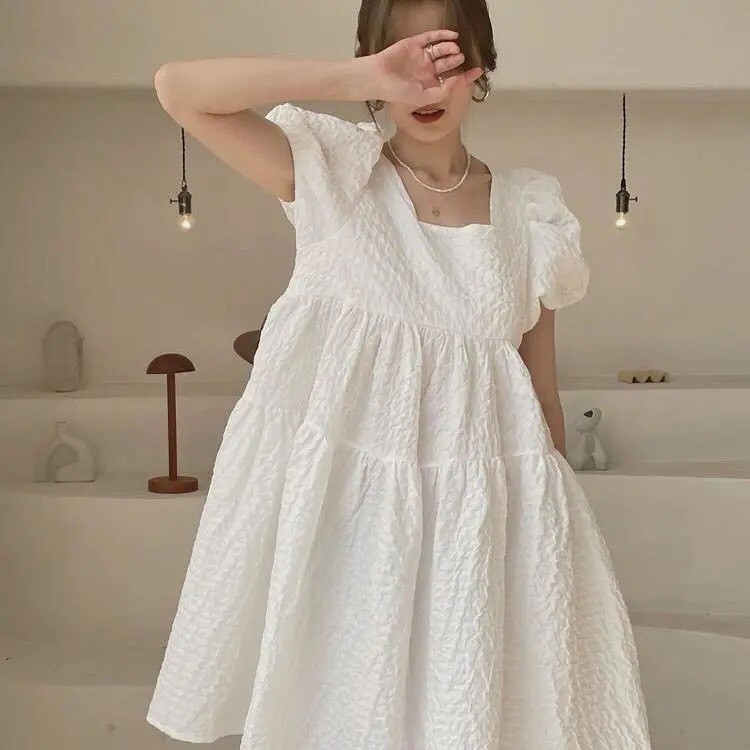 Đầm babydoll trắng hoa nhí Váy form suông rộng dễ thương chất đũi mềm  mịn phong cách ullzang Hàn QuốcHotseller